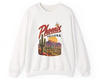 Sudadera con estampado de paisaje desértico de Phoenix, Arizona / Puesta de sol retro con cactus / Estilo viajero / Regalo para turistas / Ganas de viajar / Oeste de Estados Unidos