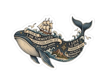 Pegatina con ilustración de la ballena Moby Dick / Pegatina retro con cita náutica troquelada / Estilo literario