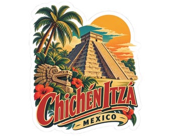 Pegatina troquelada con diseño de la puesta de sol en la pirámide de Chichén Itzá / Calcomanía estilo souvenir de viaje a México / Regalo para turistas / Ganas de viajar / Maravilla
