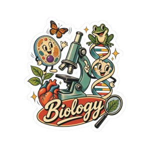 May include: A sticker featuring a central teal microscope surrounded by a cartoon cell, a monarch butterfly, a green frog, a human heart, and a DNA strand. The word Biology is written in a retro script on a red oval base with a magnifying glass.