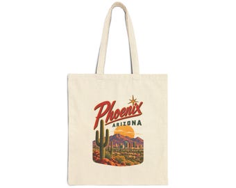 Bolso de mano con escena desértica de Phoenix, Arizona / Horizonte de atardecer con cactus / Diseño gráfico de viaje retro / Estilo Wanderlust / Oeste de Estados Unidos