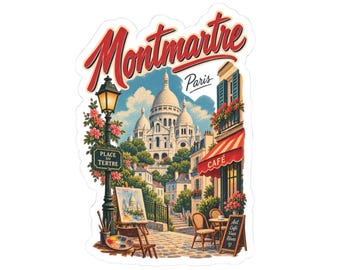 Pegatina con diseño gráfico de una escena de un café de Montmartre en París / Pegatinas retro francesas troqueladas / Regalo para amantes de los viajes / Estilo viajero