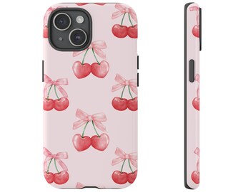 Cherry Coquette Phone Case, Watercolor Pink Bows and Cherries, Cute Summer Vibes iPhone 15, 14, 13, 12, 11 Case, Sweet 16 Birthday Gift