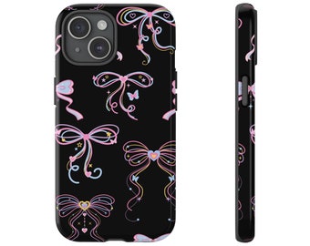 Coquette Phone Case, Pink and Blue Bows, Hearts and Butterflies Cover, Dark Coquette Aesthetic iPhone 15, 14 Case, Sweet 16 Birthday Gift