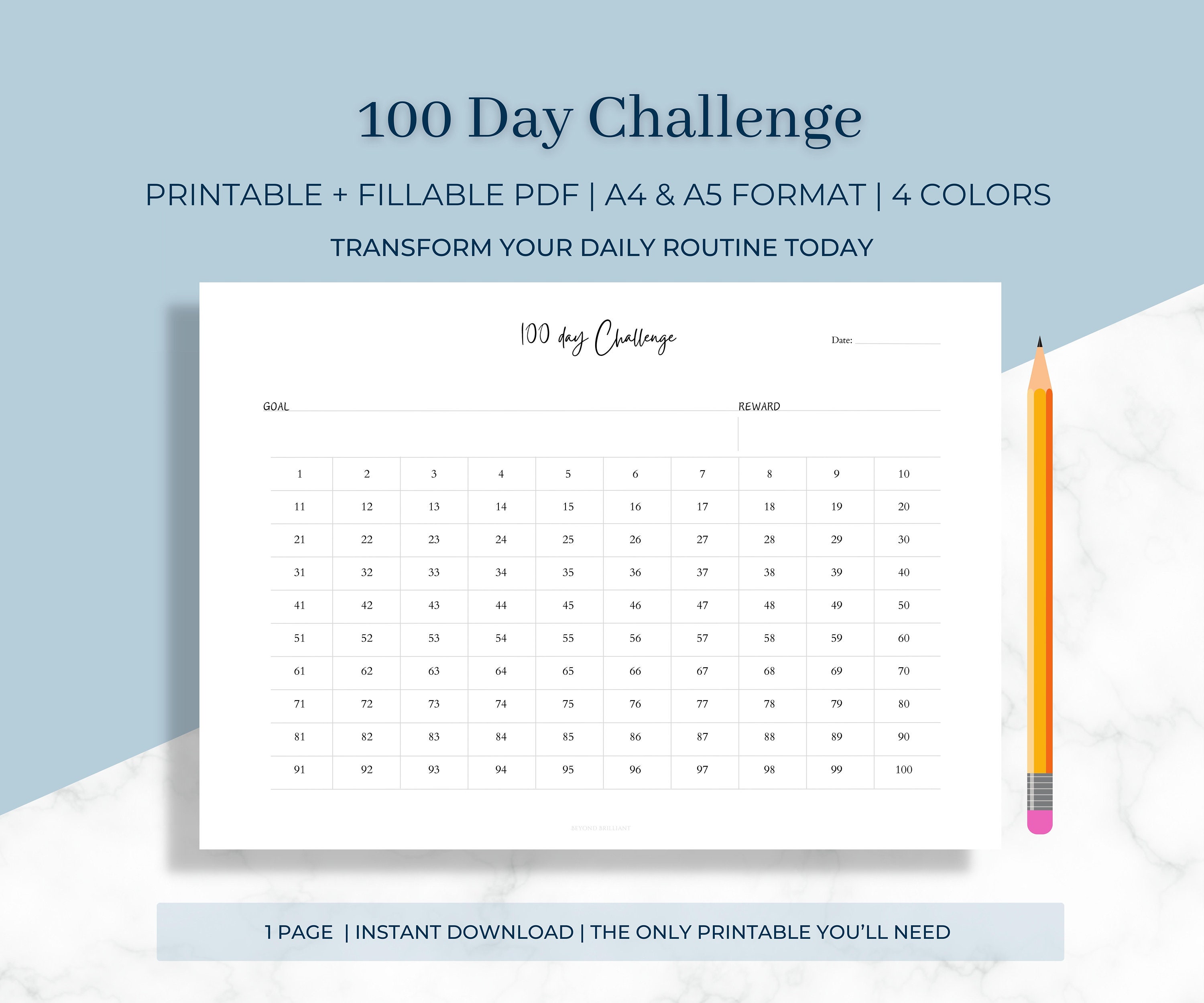 100 Day Challenge | Self-Discipline | Self-Care | Tracker | Goals and Objectives | Reward | Habit | Dreams | PDF or Digital