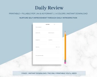 Daily Review | Mindful Questions | Gratitude | Self-Care | Self-Love | Self-Reflection | PDF Printable or Digital