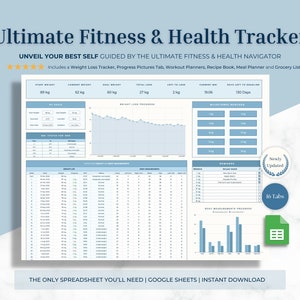 Ultimate Fitness & Health Tracker | Google Sheets, Weight Loss Tracker, Workout Planner, Progress Pics, Meal Planner, Recipes, Grocery List