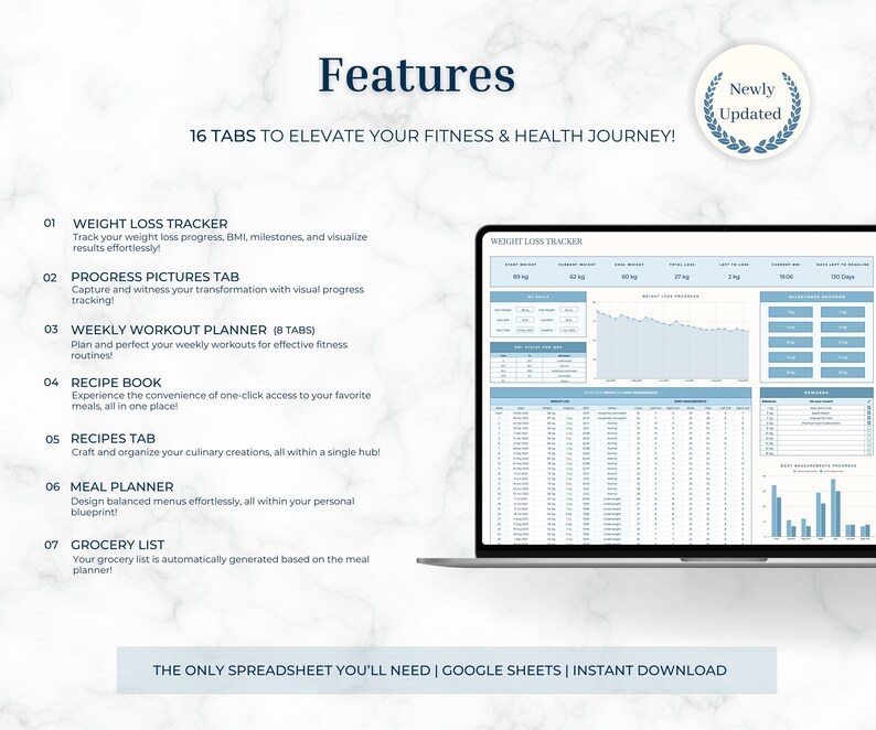 Ultimate Fitness & Health Tracker Google Sheets Weight Loss Etsy UK