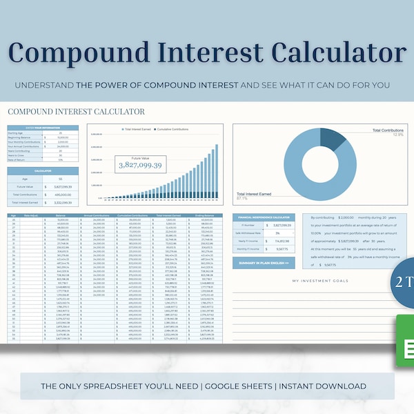 Calcolatore di interessi composti/modello Fogli Google, finanza personale, monitoraggio degli investimenti, piano pensionistico, indipendenza finanziaria, FIRE