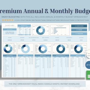 PREMIUM Annual & Monthly Budget Spreadsheet | Google Sheets, Debt Tracker, Net Worth, Bills Calendar, Sinking Funds, Financial Planner
