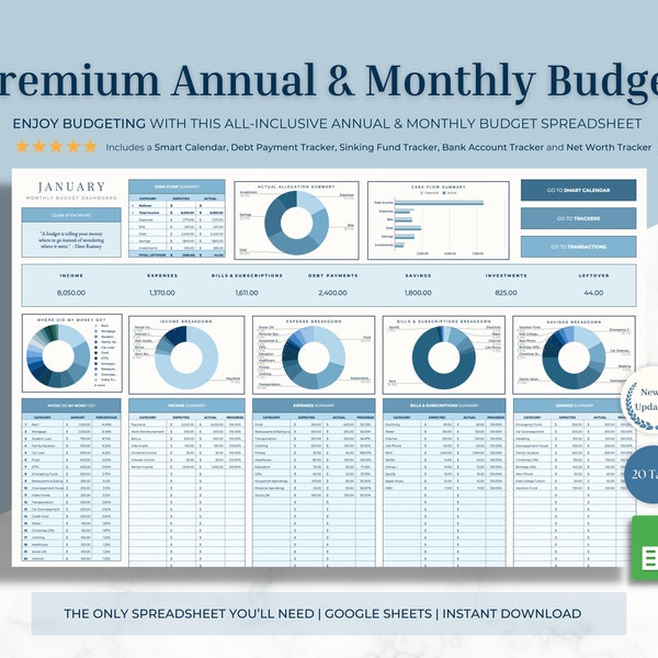 Arkusz kalkulacyjny budżetu rocznego i miesięcznego PREMIUM | Arkusze Google, narzędzie do śledzenia długów, wartość netto, kalendarz rachunków, tonące fundusze, planista finansowy