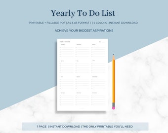 Yearly To Do List | Organizer | Tasks | Planner | Goals | Objectives | PDF of Digital