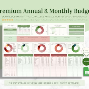PREMIUM Annual & Monthly Budget Spreadsheet | Google Sheets, Debt Tracker, Net Worth, Bills Calendar, Sinking Funds, Financial Planner