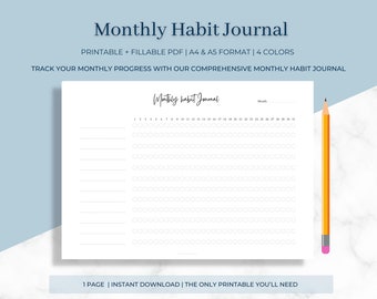 Monthly Habit Tracker Journal | Self-Discipline | Goals | Progress | PDF or Digital