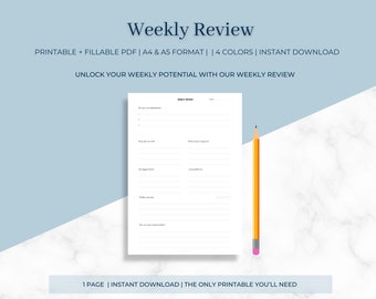 Weekly Review | Mindful Questions | Gratitude | Self-Reflection | Self-Care | Achievements | Challenges | PDF Printable or Digital