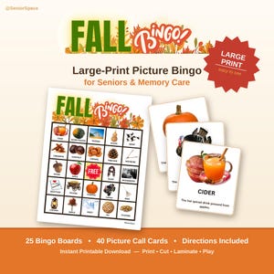 Fall Bingo for Seniors, Large Print Autumn Bingo Printable, Memory Care & Dementia Activity, Thanksgiving Game, 25 Boards + 40 Call Cards