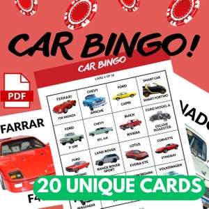 May include: A digital Car Bingo game set featuring 20 unique cards. The layout includes a grid of various classic and modern car illustrations with their names, such as Ferrari 750 Monza, Chevy Apache, and Ford F-100, set against a red background.