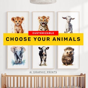 Estampas de animais da selva, impressão de berçário Safari, conjunto de arte de parede de animais bebês, pôsteres para impressão