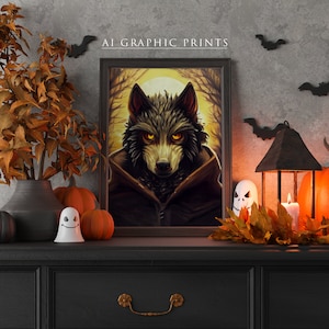 May include: A framed print of a wolf with glowing yellow eyes, set against a dark forest background. The print is displayed on a black shelf with autumnal decorations, including pumpkins and a lantern.