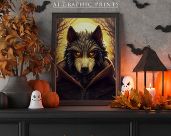 Werewolf Halloween, Ai Wall Art, Spooky Fall Home Decor Poster, Trick or Treat Vintage Decoration Instant Download, Digital Print, Printable