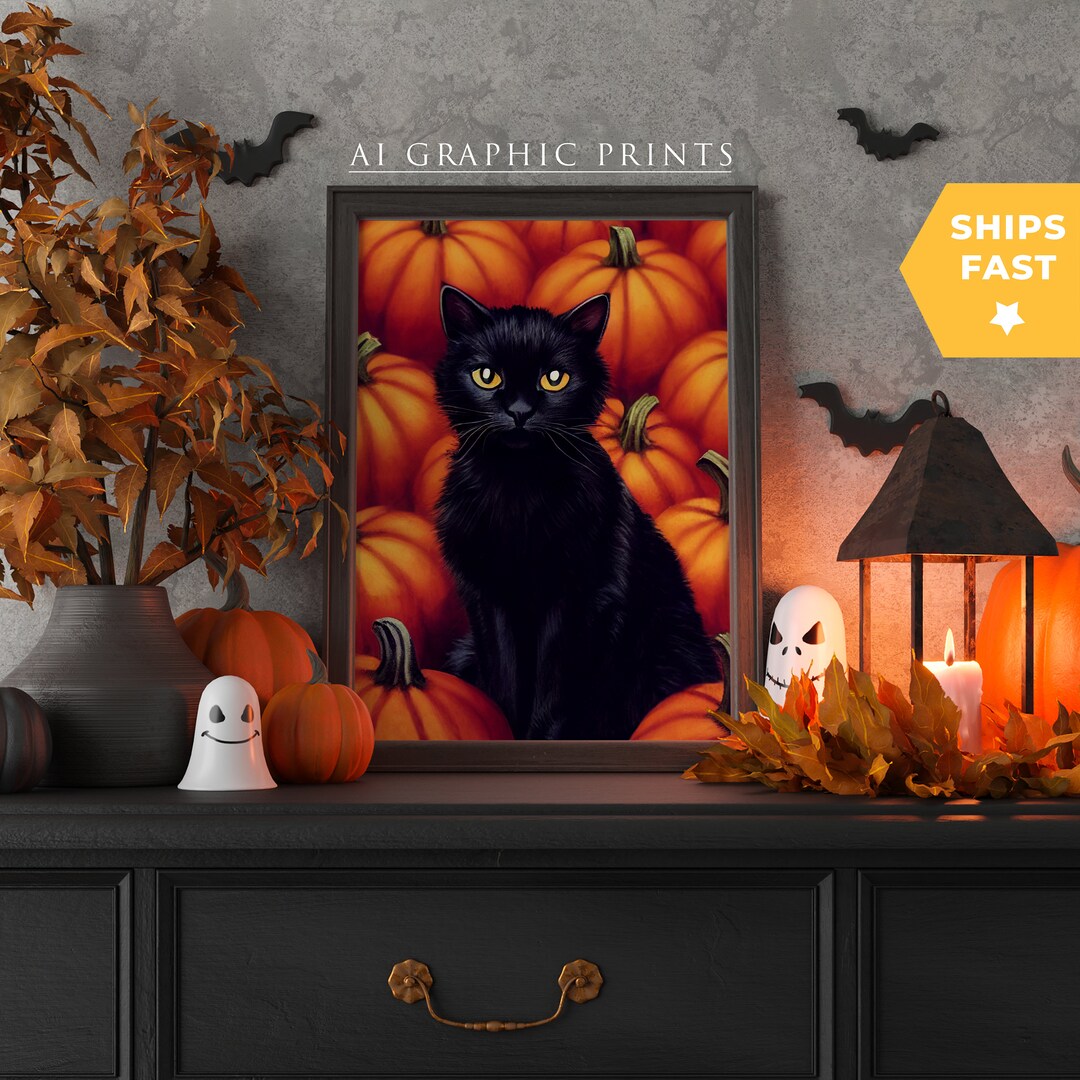 Black Cat Pumpkin Halloween Print, Ai Wall Art Digital, Spooky Fall ...