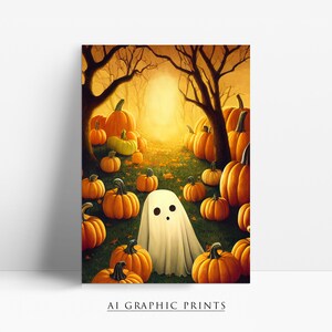 May include: A white ghost with a surprised expression stands in a field of orange pumpkins. The pumpkins are scattered throughout the field, with some in the foreground and others in the background. The field is surrounded by trees with bare branches, and the sun is shining through the trees.
