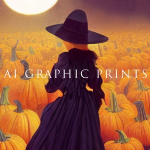 May include: A woman wearing a black dress and a wide-brimmed black hat stands in a field of pumpkins. The pumpkins are orange and some are green. The background is a hazy purple.