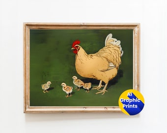 May include: A framed illustration of a hen and her chicks. The hen is light brown with a red comb and wattles. The chicks are yellow and are standing in a row in front of the hen. The background is a dark green.