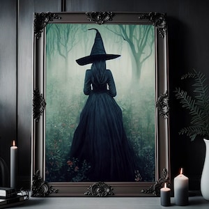 The Witch Twilight Dark Forest Vintage Gothic Wall Art Print - Dark Academia Witchy Halloween Poster Gift