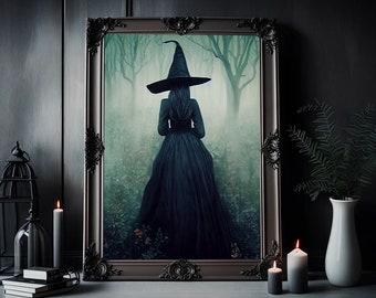 The Witch Twilight Dark Forest Vintage Gothic Wall Art Print - Dark Academia Witchy Halloween Poster Gift
