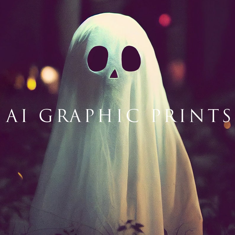 May include: A white ghost with black eyes and a skull-shaped mouth. The ghost is standing in a dark, blurry background with lights in the distance. The text "AI GRAPHIC PRINTS" is superimposed on the image.