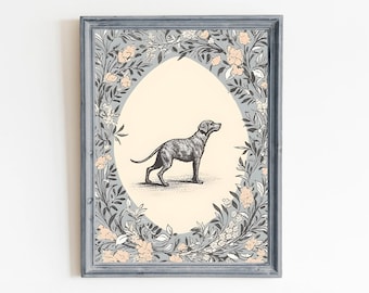 May include: A framed print featuring a black and white illustration of a dog standing within a floral wreath. The wreath is composed of delicate flowers and leaves in shades of pink and blue.