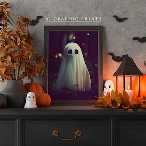 May include: A black framed print with a white ghost in a dark forest setting. The print is on a black dresser with a fall-themed arrangement of pumpkins, leaves, and a lantern.