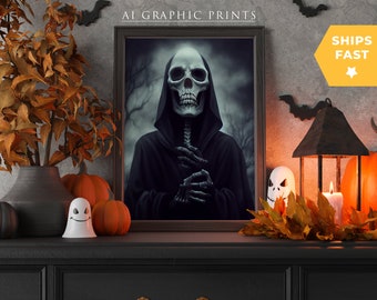 Sensenmann Ai Art Print Halloween, Gothic Reaper Tod Halloween Kunst, Ai erstellt, Spooky Reaper Wandkunst, Horror Art Design, Herbst Dekor