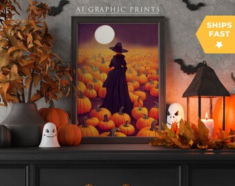 Witch Pumpkin Ai Art Print Halloween, Witch Ai Wall Art Print, Witch Ai Prints, Gothic Dark Pagan Witch Art, Ai Art Design, Magic Wall Art