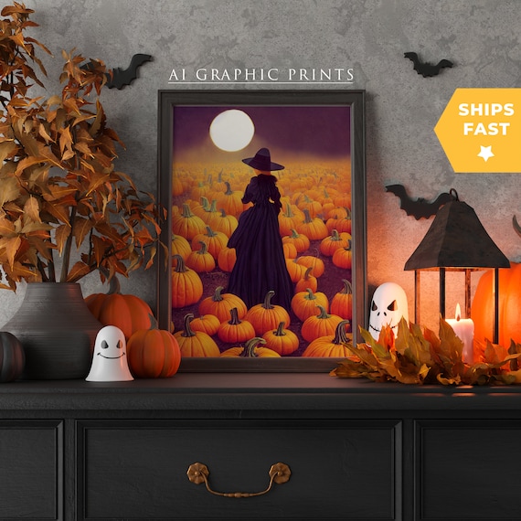 Witch Pumpkin Ai Art Print Halloween, Witch Ai Wall Art Print, Witch Ai Prints, Gothic Dark Pagan Witch Art, Ai Art Design, Magic Wall Art