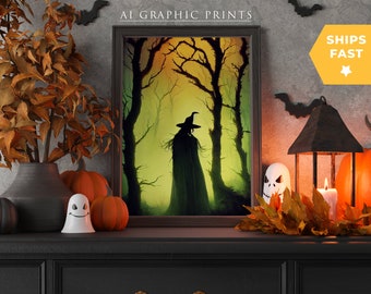 Könnte beinhalten: Ein gerahmter Druck mit dem Text "AI GRAPHIC PRINTS", der eine Hexe in einem Wald mit grünen und gelben Farbtönen darstellt. Der Druck wird auf einer schwarzen Kommode ausgestellt, die mit Kürbissen, einer Geisterfigur und einer brennenden Kerze dekoriert ist.