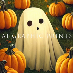 May include: A white ghost with a friendly face is surrounded by orange pumpkins. The ghost is wearing a white sheet and has two black eyes and a small mouth. The pumpkins are all different sizes and shapes.