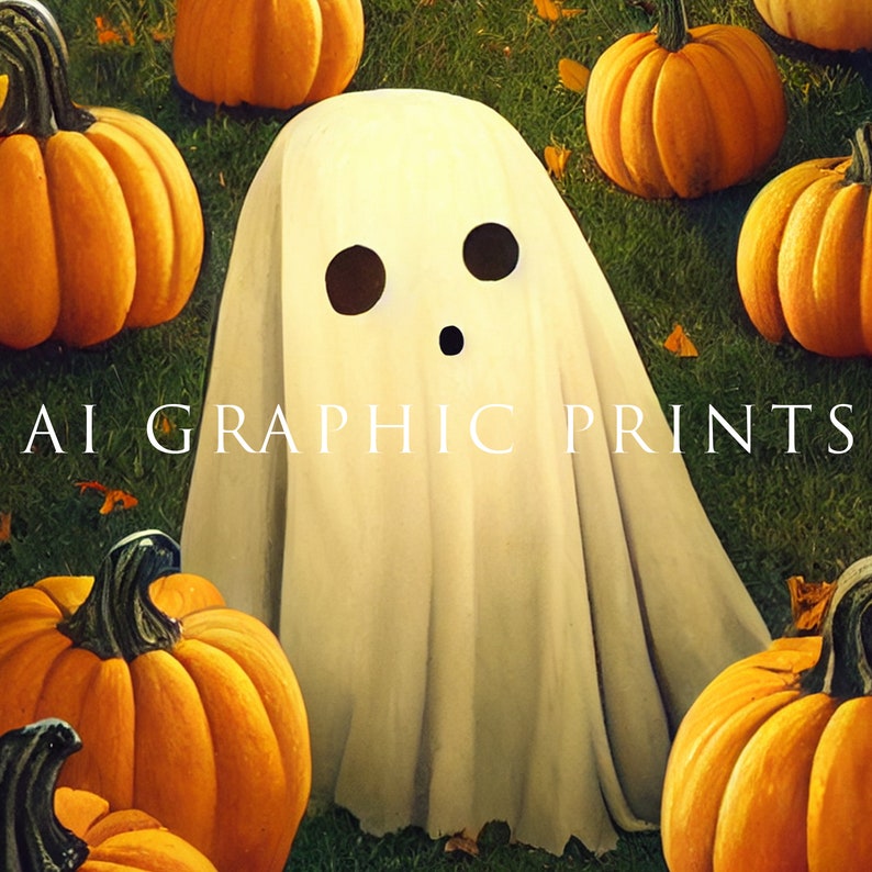 May include: A white ghost with a friendly face is surrounded by orange pumpkins. The ghost is wearing a white sheet and has two black eyes and a small mouth. The pumpkins are all different sizes and shapes.