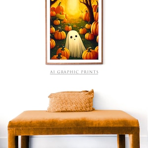 May include: A white ghost with two black eyes stands in a field of orange pumpkins. The pumpkins are scattered throughout the field, with some in the foreground and some in the background. The background is a blurry image of a forest with a bright light shining through the trees.