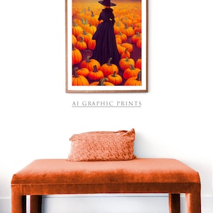 May include: A digital art print of a woman in a black dress and witch's hat walking through a field of pumpkins under a full moon.