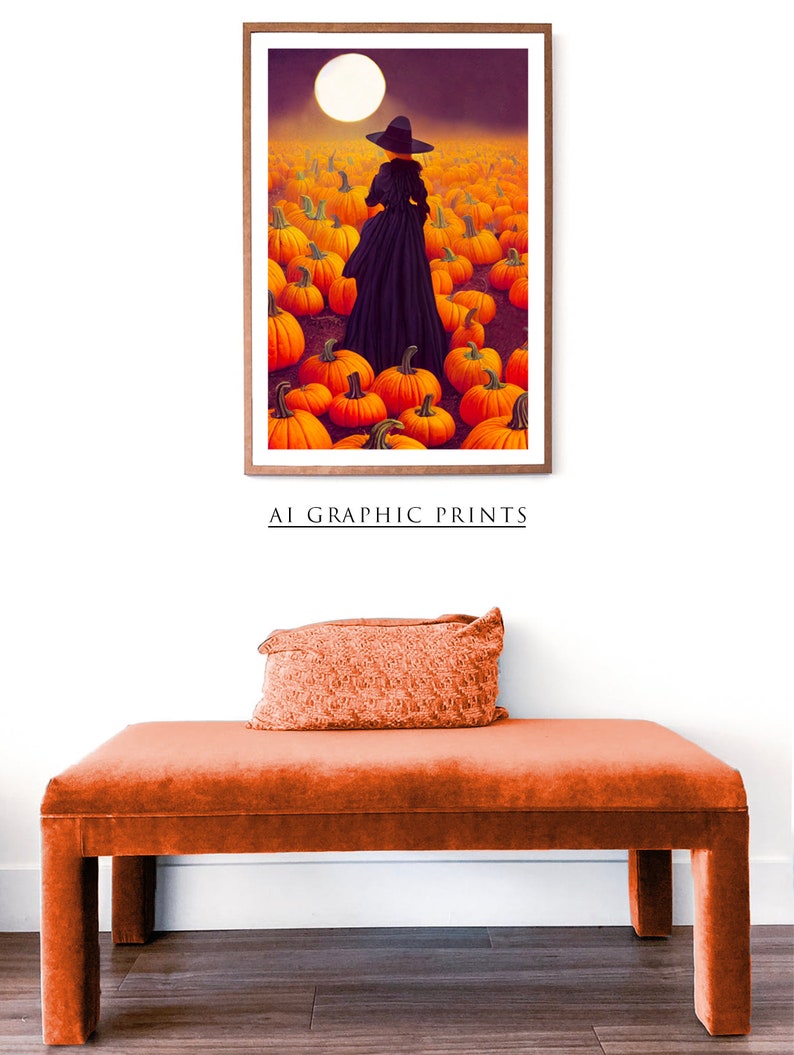 May include: A digital art print of a woman in a black dress and witch's hat walking through a field of pumpkins under a full moon.