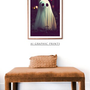 May include: A white ghost with a skull face stands in a dark forest with glowing lights in the background. The ghost is wearing a white sheet and has a black skull face with two black eyes. The background is dark and blurry, with glowing lights in the distance.