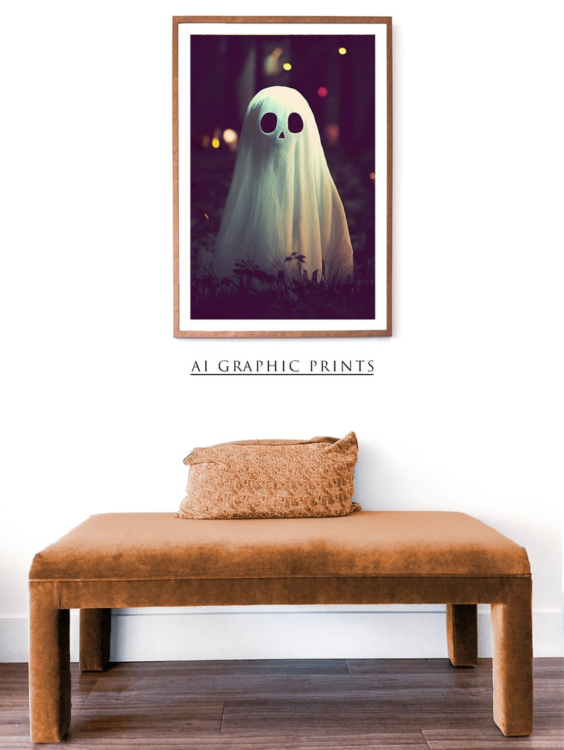 May include: A white ghost with a skull face stands in a dark forest with glowing lights in the background. The ghost is wearing a white sheet and has a black skull face with two black eyes. The background is dark and blurry, with glowing lights in the distance.