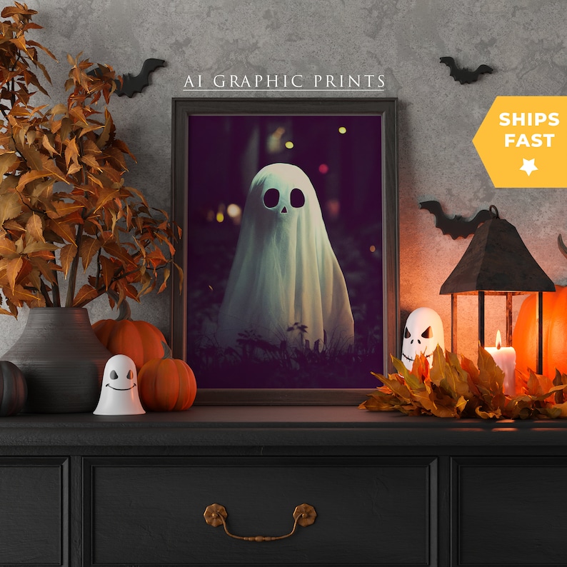 May include: A framed print of a white ghost with a skull face in a dark forest setting. The print is on a black dresser with a small white ghost figurine, pumpkins, and a lantern with a candle.