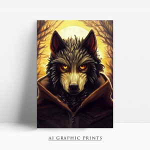 Werewolf Ai Art Print Halloween, Werewolf Ai Wall Art Print, Werewolf Ai Prints, Ai Art Design, Surreal Wall Art, Artificial Intelligence image 2