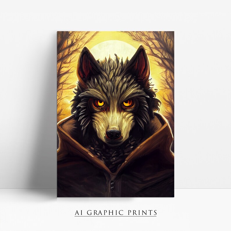 Werewolf Ai Art Print Halloween, Werewolf Ai Wall Art Print, Werewolf Ai Prints, Ai Art Design, Surreal Wall Art, Artificial Intelligence image 2