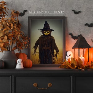 May include: A framed print of a scarecrow with a jack-o'-lantern head, surrounded by fall foliage and Halloween decorations. The print is titled "AI Graphic Prints".