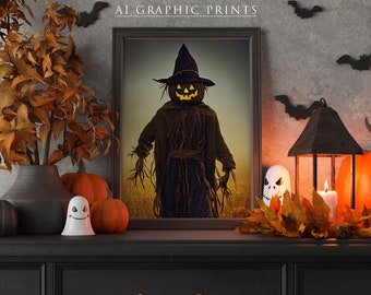 Pumpkin Scarecrow Halloween Print, Ai Wall Art, Spooky Fall Home Decor, Cornfield Creepy Vintage, Instant Download, Digital Print, Printable