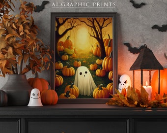 Ghost Pumpkin Ai Art Print Halloween, Ghost Ai Wall Art Print, Spooky Ghost Wall Art, Fall Decor, Instant Download, Digital Print, Printable
